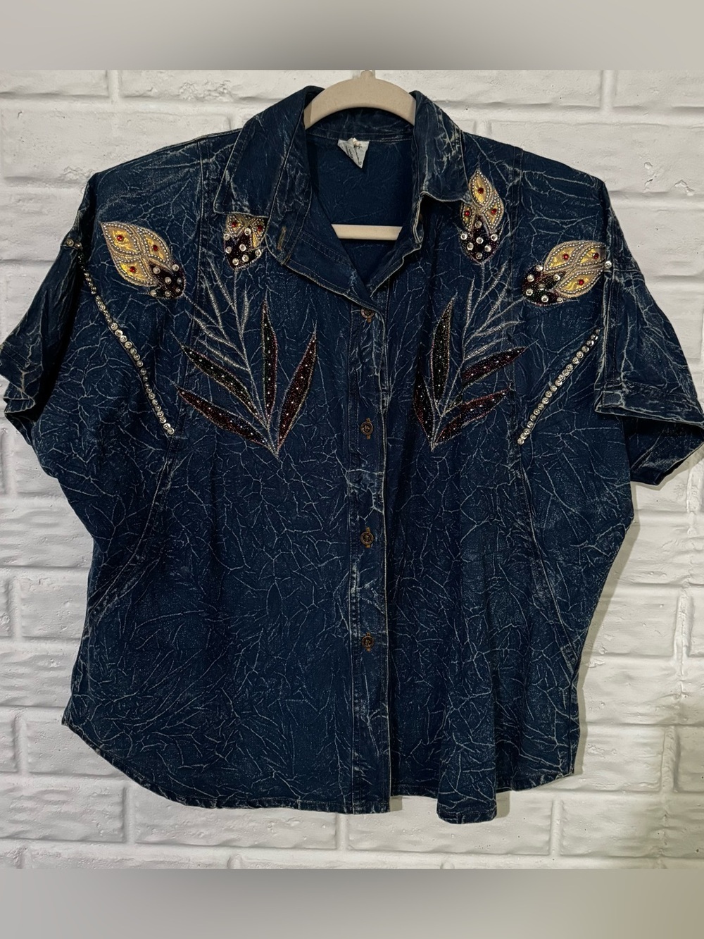 VTG 80s Acid Wash Denim Button Up Shirt Women’s Medium Pret Bedazzled Floral